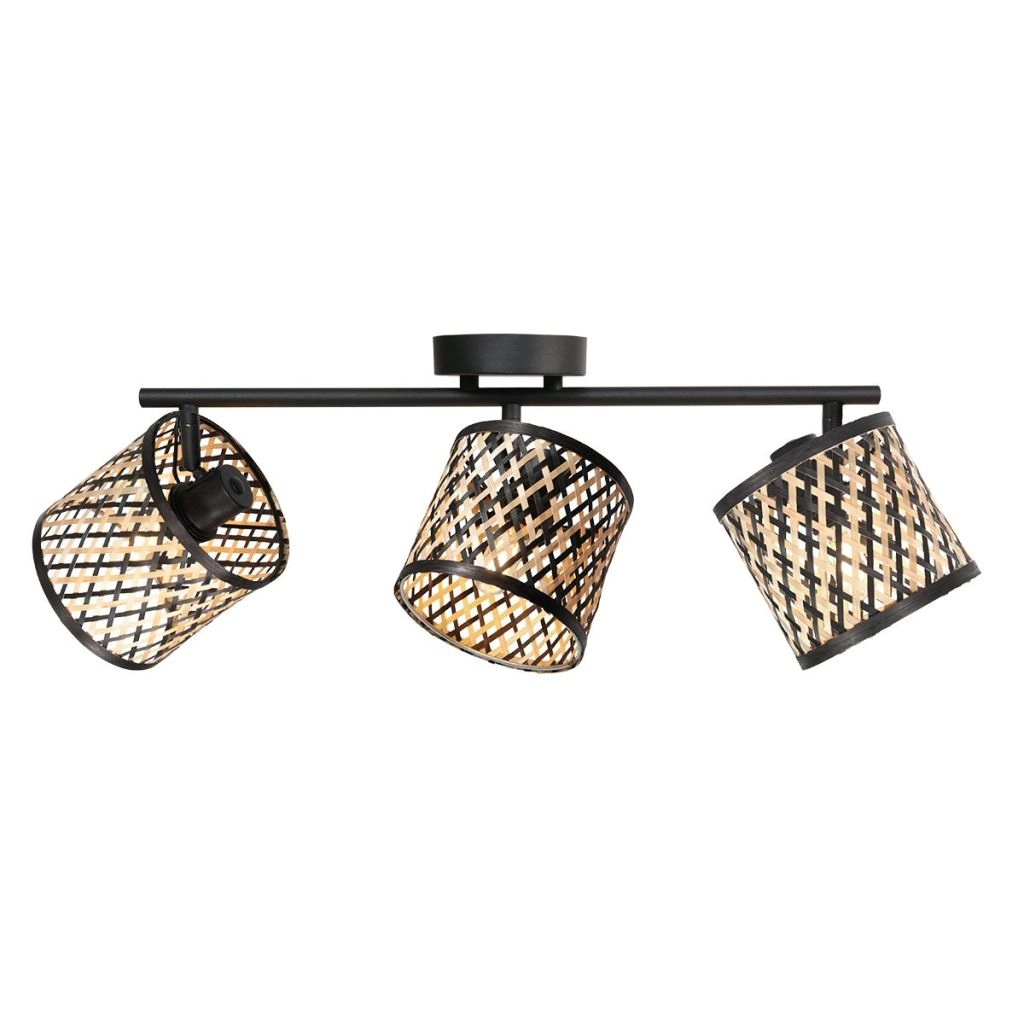 Lampe de plafond à 3 lampes Sumba avec des lunettes en bambou de 12 cm