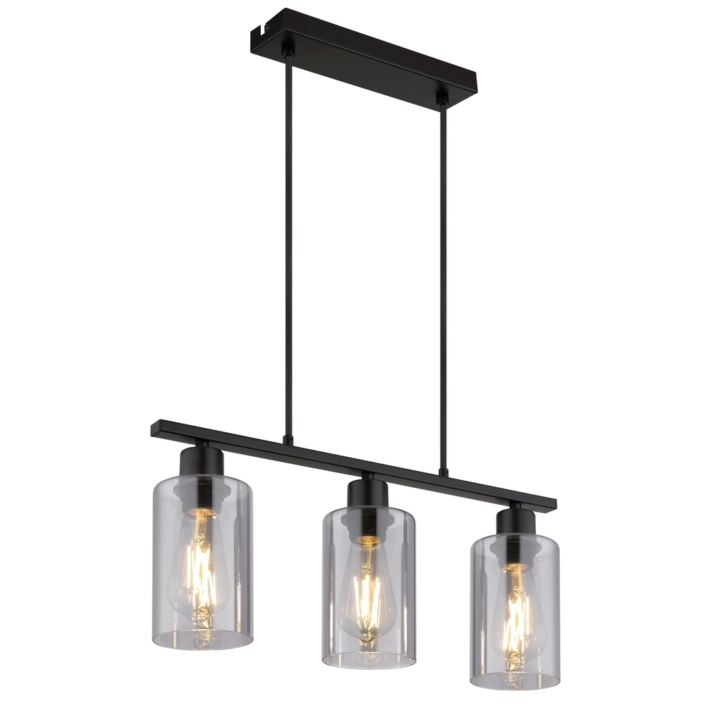 Lampe suspendue Hadera Noir à 3 lumières avec verre fumé