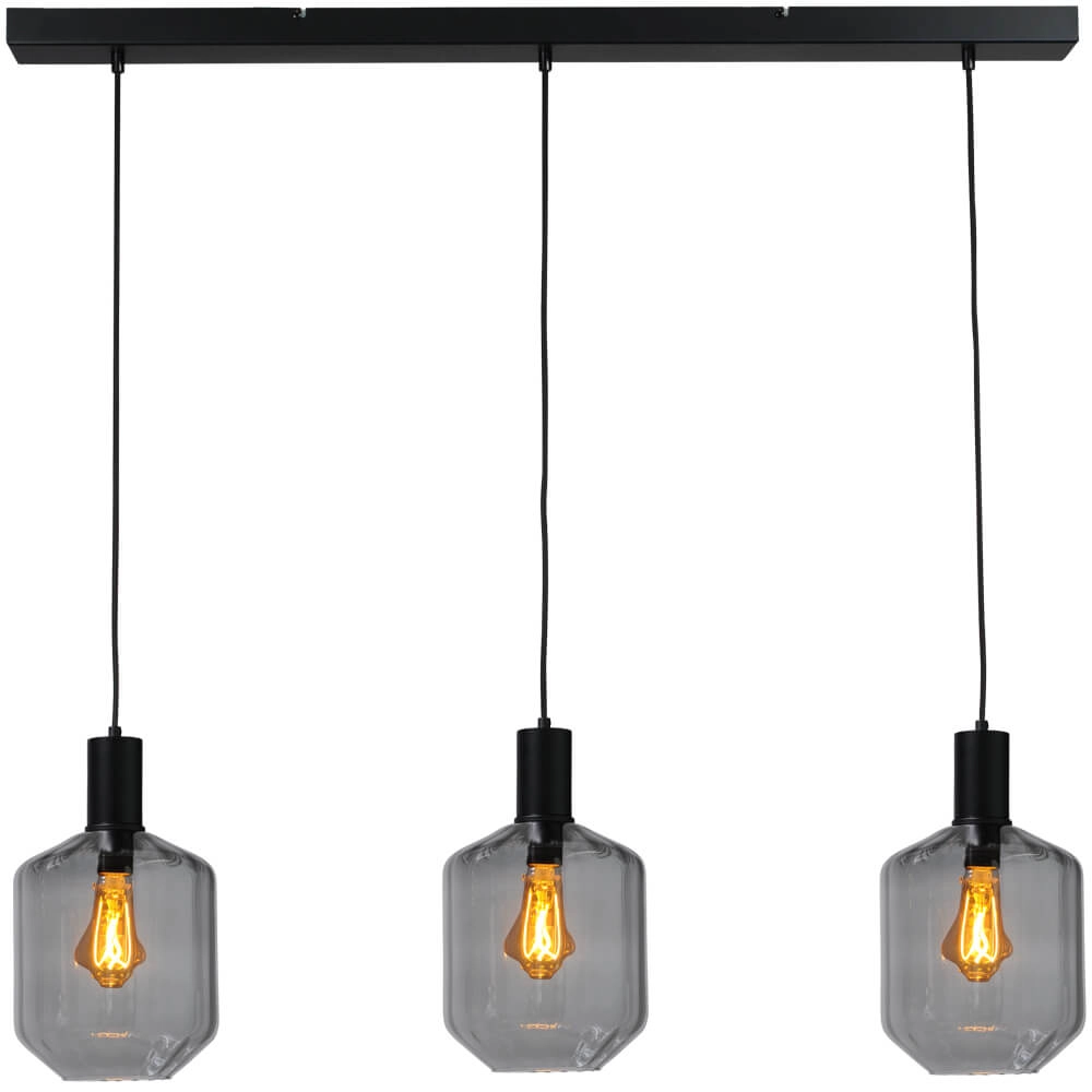 Lampe suspendue 3 lumières - noire - Porto avec des verres à fumée Jagger Lampe suspendue 3 lumières - noire - Porto avec des verres à fumée Jagger