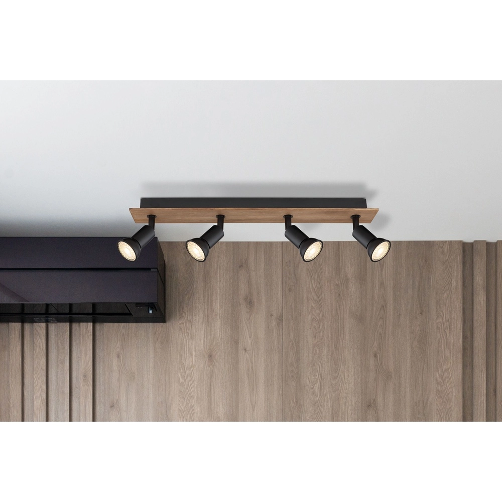 Projecteur de plafond Drew noir avec 4 lumières en bois Globo 9007371436781