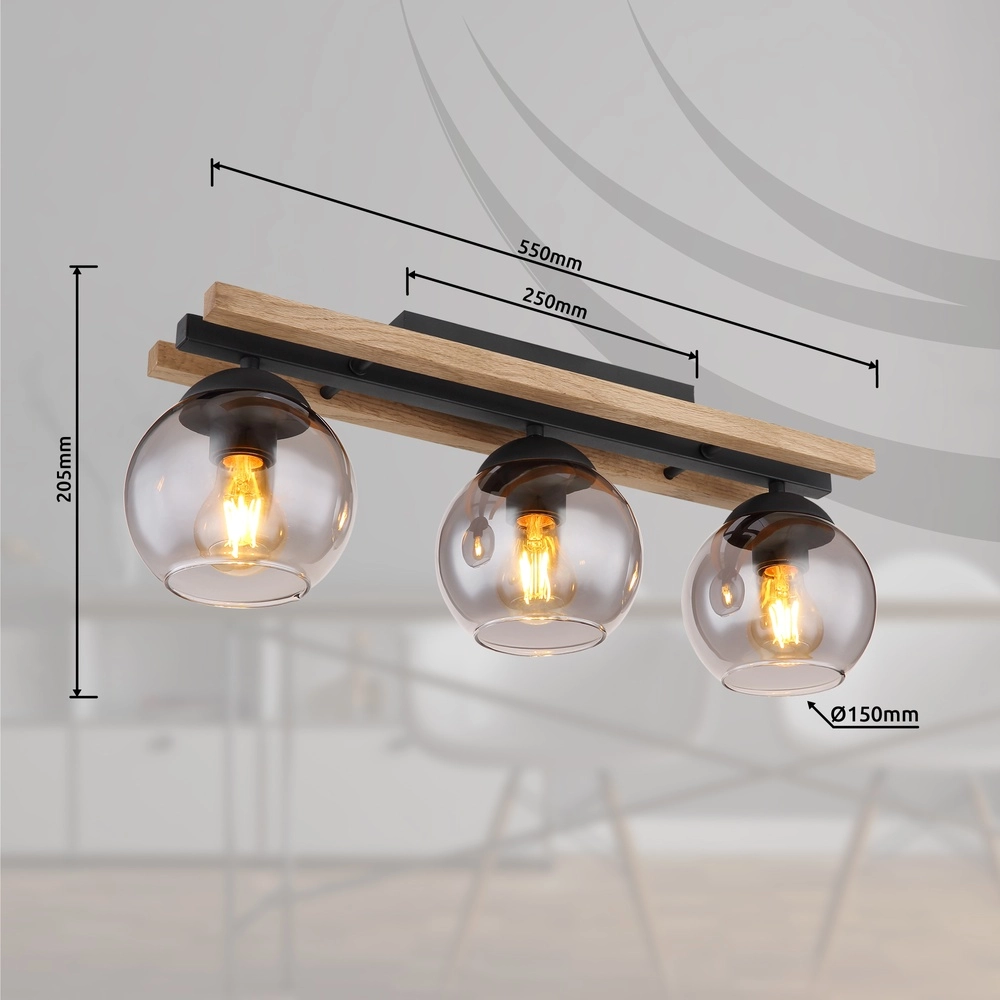 Lampe de plafond à 3 lumières Conni noir avec bois Globo 9007371448739