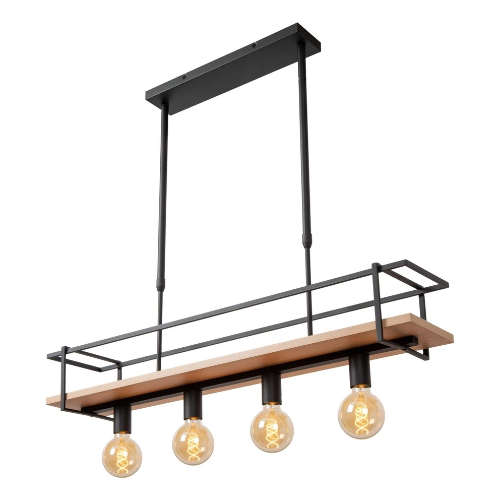 Lampe suspendue à 4 lumières Milonga noir avec bois Lucide 5411212211750