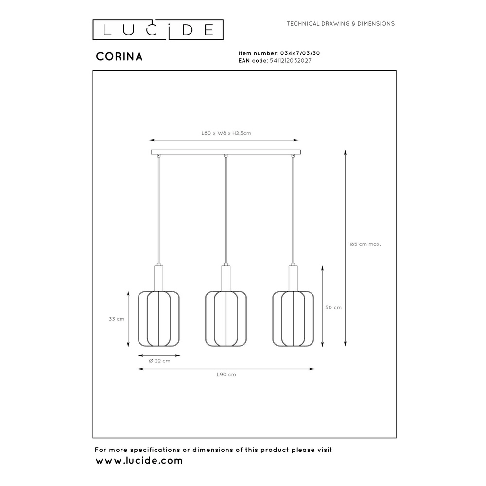 Lampe suspendue à 3 lampes Corina Noir Lucide 5411212032027