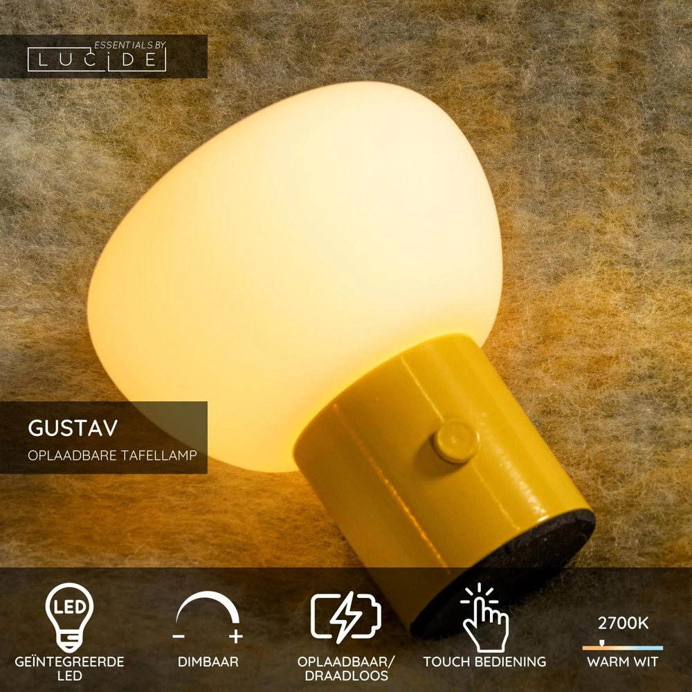 Lampe de table rechargeable Gustav jaune Lucide 5411212442024