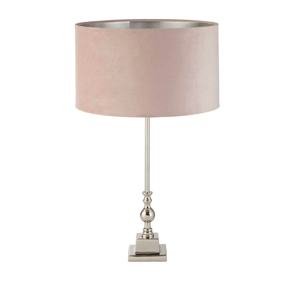 Lampe de table chromée Whitby avec capuche rose Lampe de table chromée Whitby avec capuche rose
