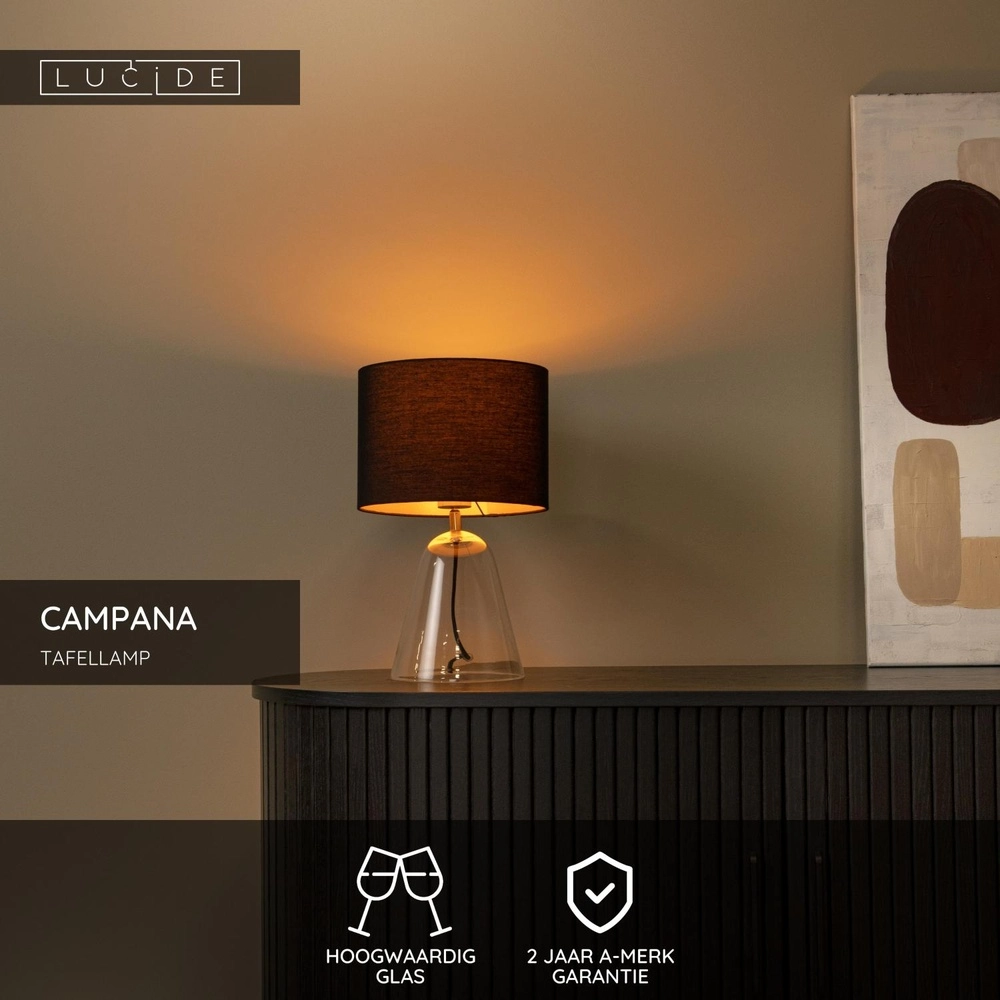 Lampe de table Campana Verre avec abat-jour noir 40 cm Lucide 5411212345806