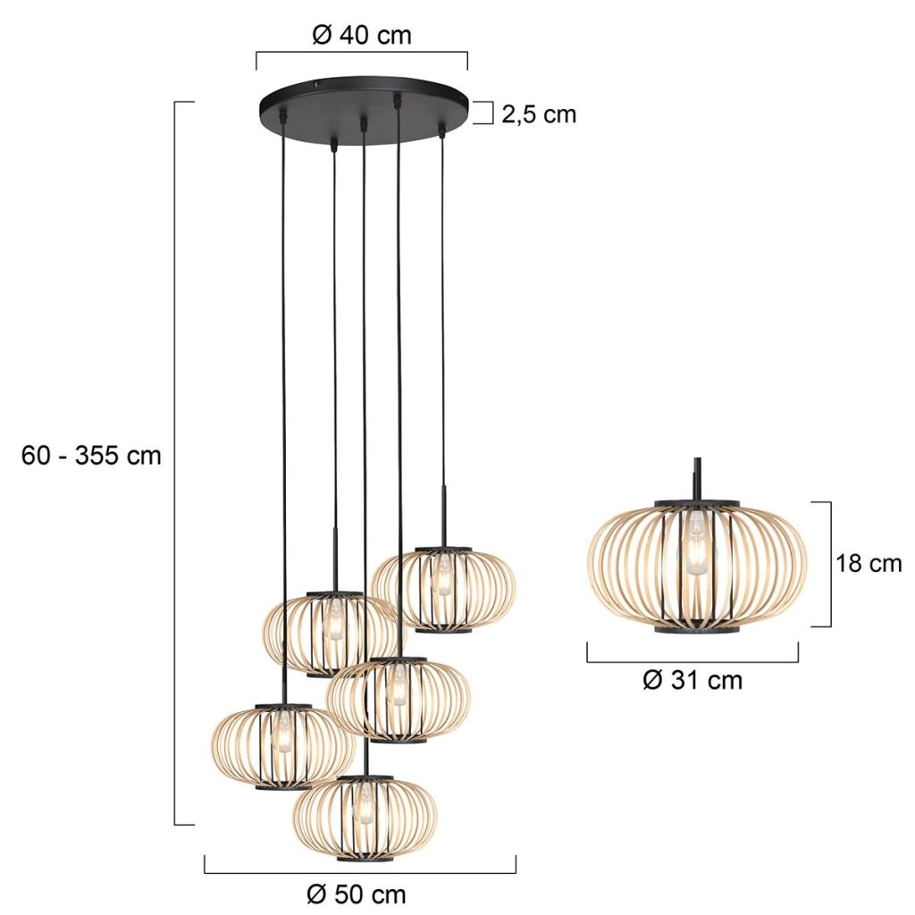 Lampe suspendue à 5 lampes Silva avec des capuchons de bambou Steinhauer 8712746183184