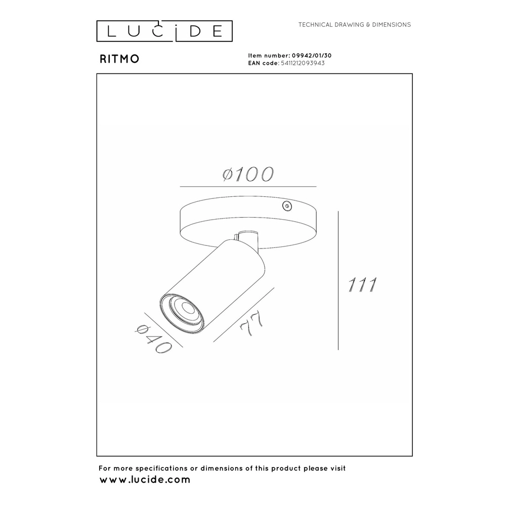 Projecteur de plafond Ritmo mini GU10 noir Lucide 5411212093943