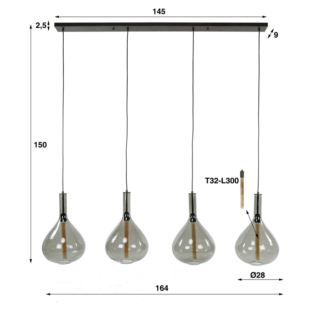 Lampe suspendue en verre Smoke 4x Ø 28cm Lyora 8716803513280