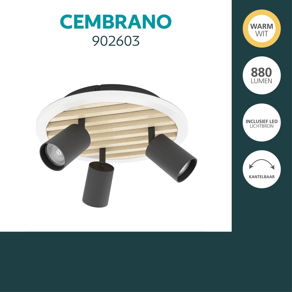 Lampe de plafond moderne Cembrano 3-noir clair avec bois Eglo 9008606388271