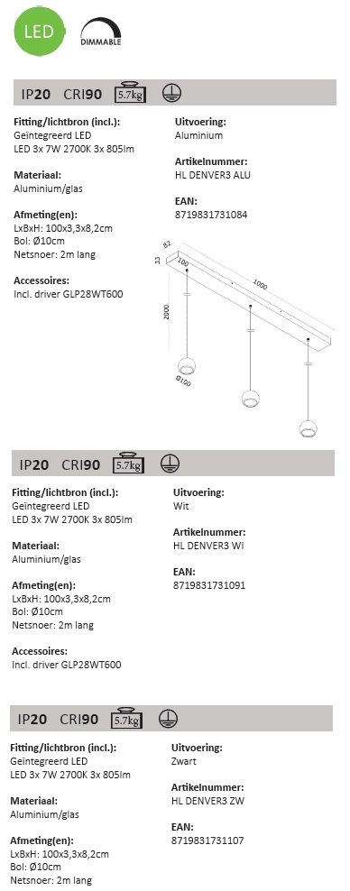 Lampe à suspension design Denver 3 lumières Artdelight 8719831731091