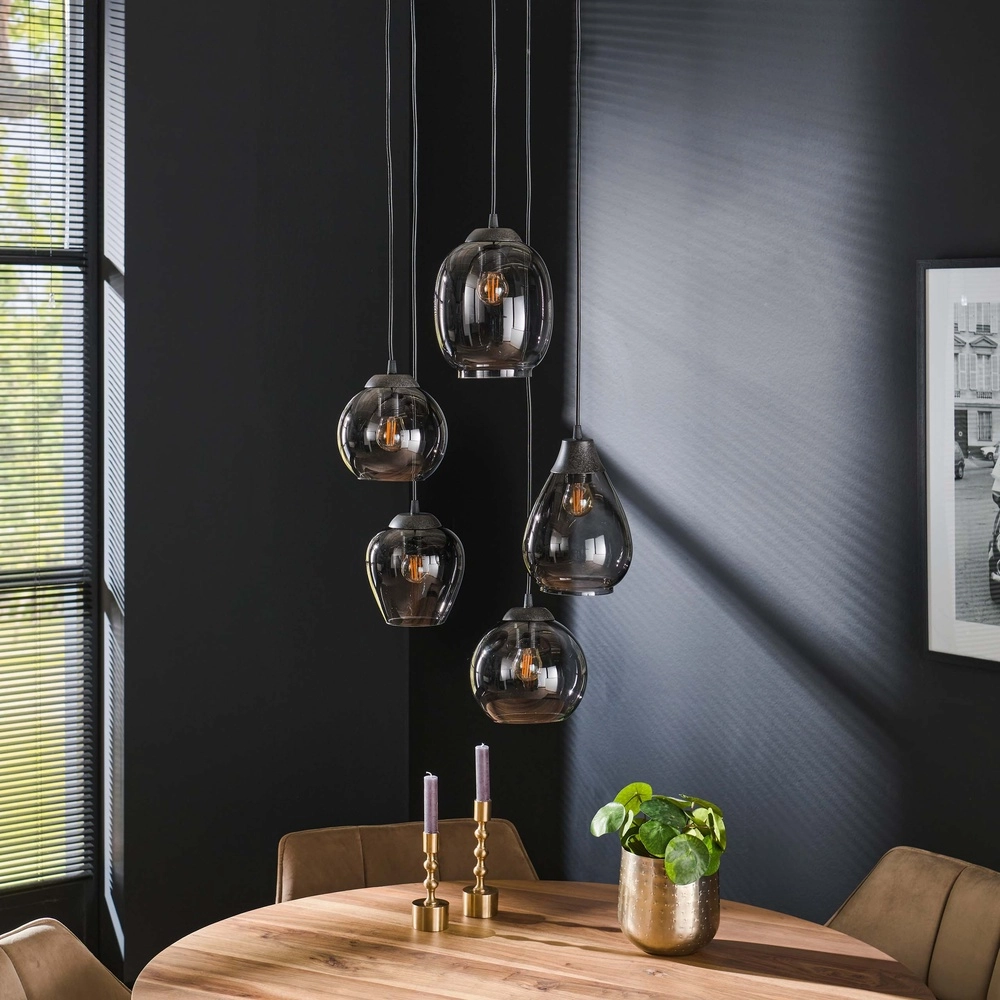 Lampe pendante de table à manger Mix 5x E27 - Ø 43cm - verre fumé Lyora 8716803512290