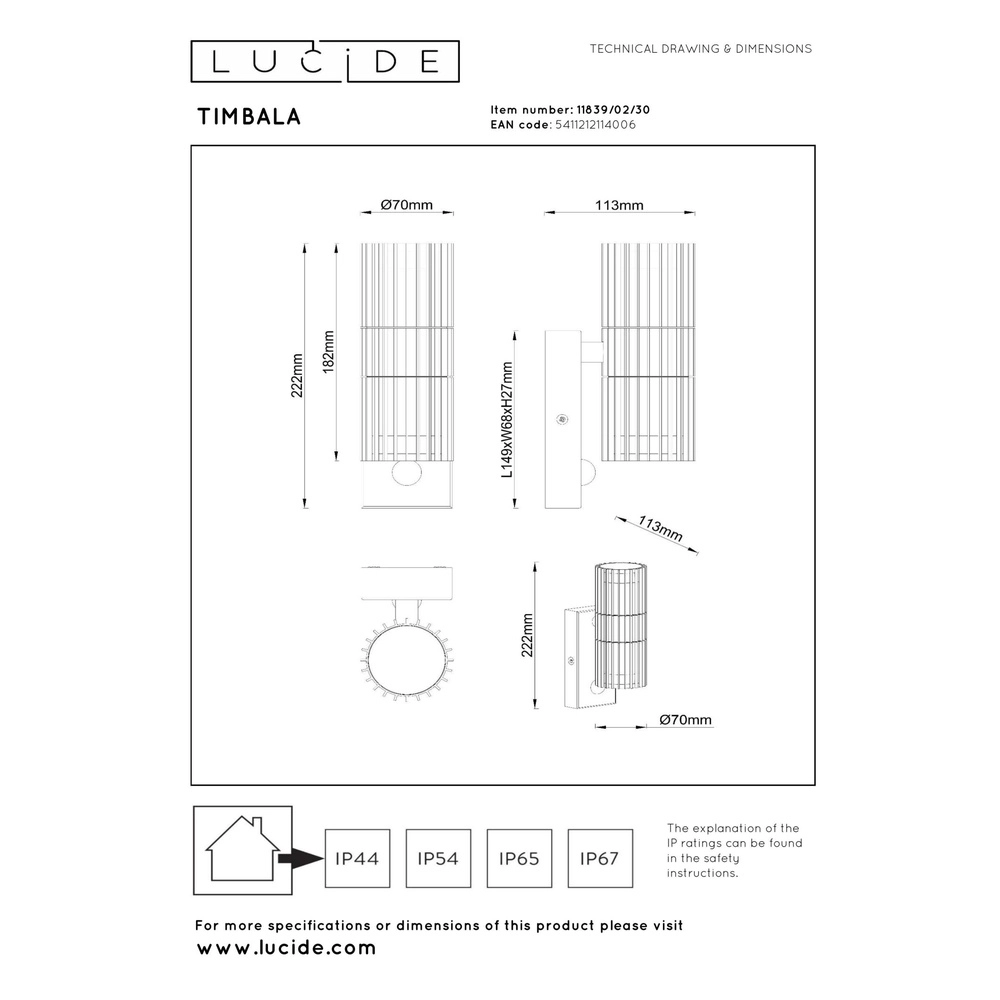 Lampe murale noire Timbala Double avec capteur Lucide 5411212114006