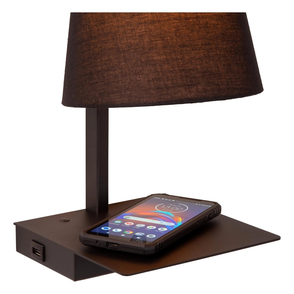 Lampe de chevet conçue Gregory noir avec un point de charge USB Lucide 5411212303370