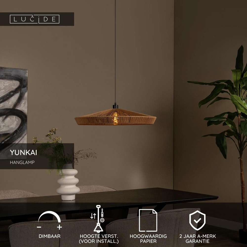 Lampe suspendue Yunkai Ø 70 cm noir avec rotin Lucide 5411212105707