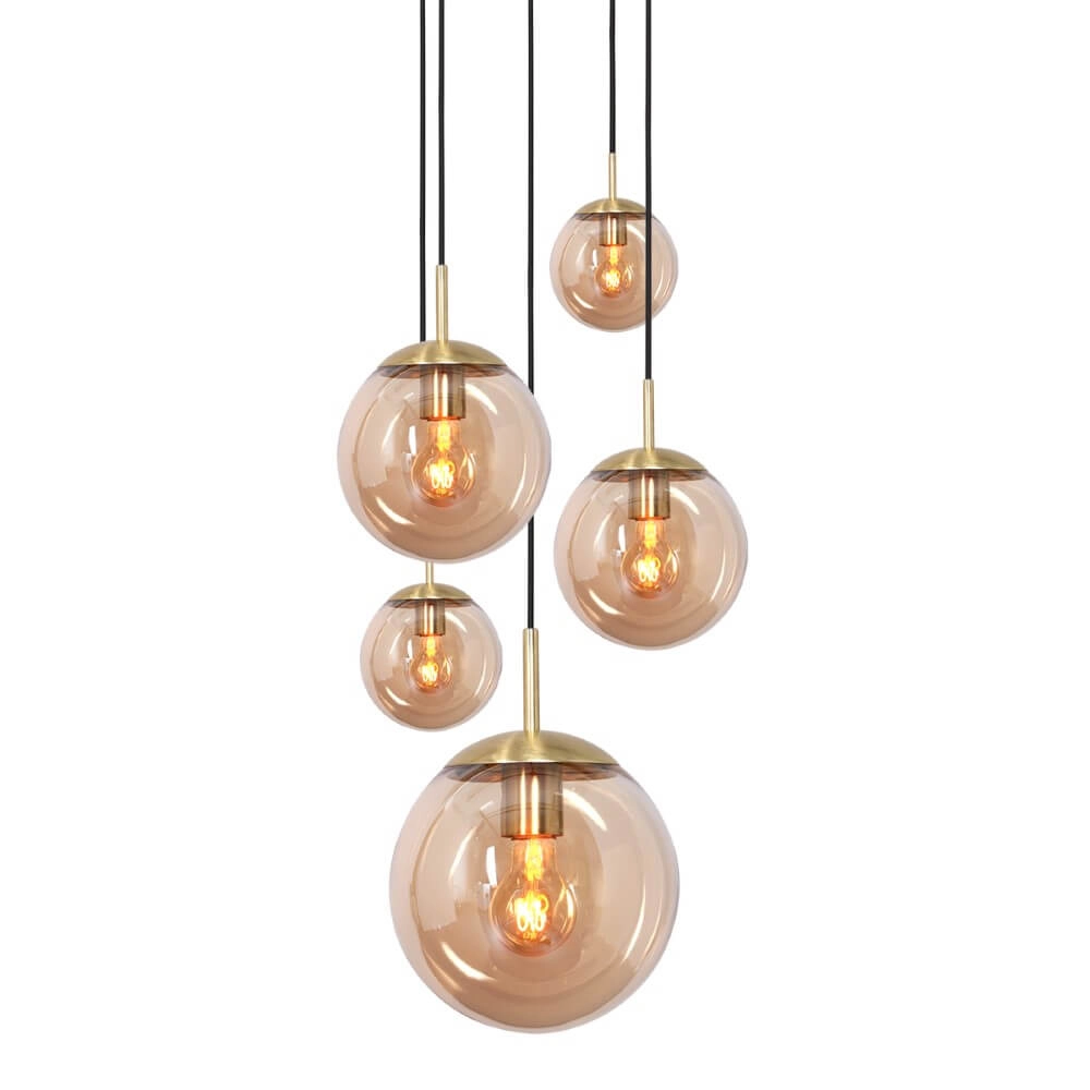 Lampe suspendue loft 5 lumières Bolique or avec verre ambré Steinhauer 8712746166439
