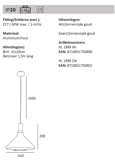 Lampe suspendue élégante Cornet Ø 41 cm Artdelight 8719831730902
