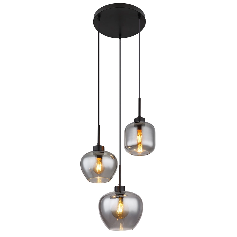 Lampe pendante de conception Matt Noir à 3 lumières avec verre fumé