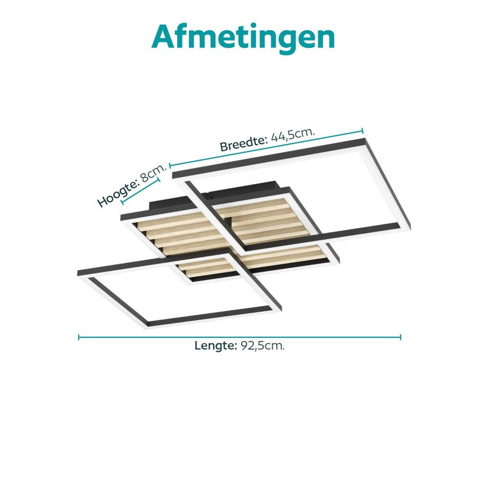 Lampe de plafond moderne Cembrano noir avec carré bois 92,5 cm Eglo 9008606388240