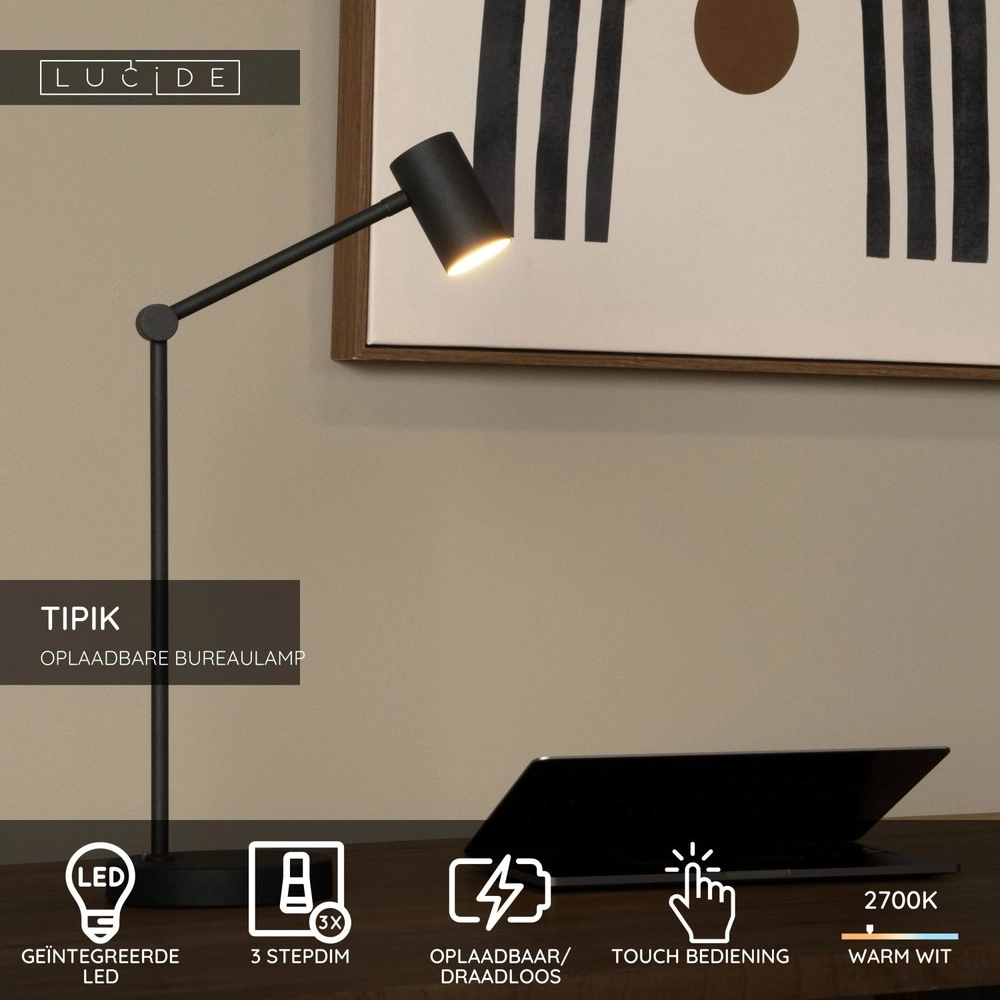 Lampe de bureau rechargeable Tipik Noir Lucide 5411212361325