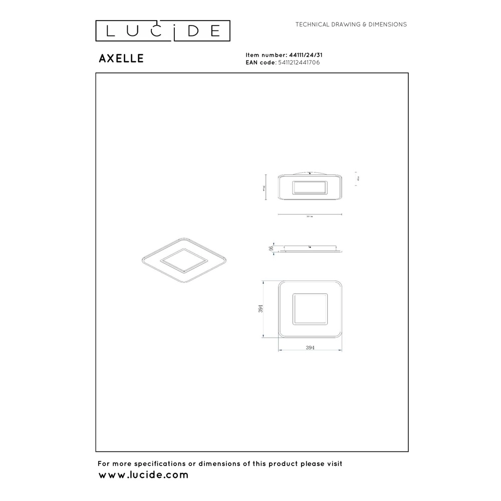 Lumière carrée au plafond Axelle blanc 2700K dimmable Lucide 5411212441706