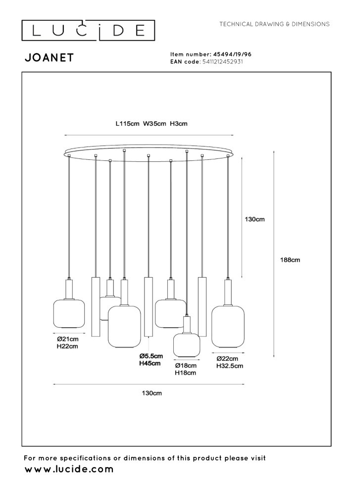 Lampe suspendue Joanet Or 6 lumières Lucide 5411212452931