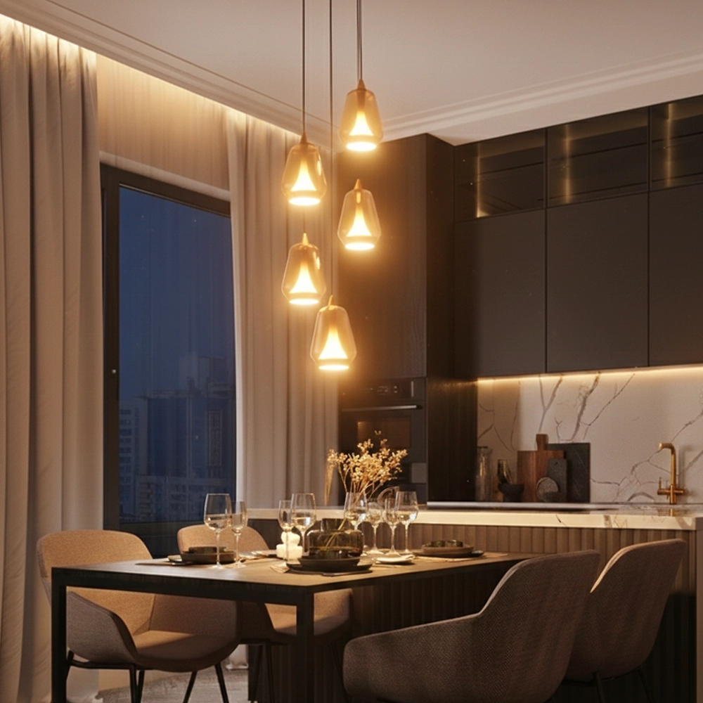 Suspension design Alish Verre ambré à 5 lumières