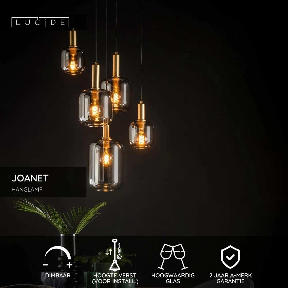Lampe suspendue à 5 lumières Joanet Ø 66 cm d’or avec verre fumé Lucide 5411212451439