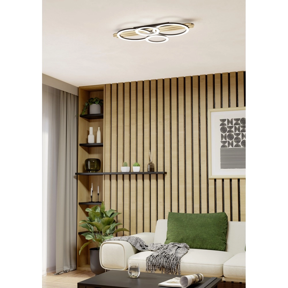 Lampe de plafond moderne Cembrano noir avec bois 73cm Eglo 9008606388172