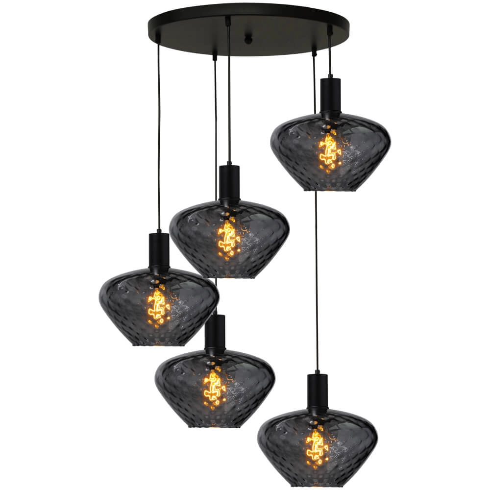 Suspension loft 5 lumières - noire - Porto avec des verres à fumée Blossom