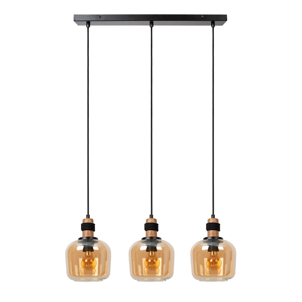 Lampe pendante à 3 lampes Ilona noir avec verre ambré