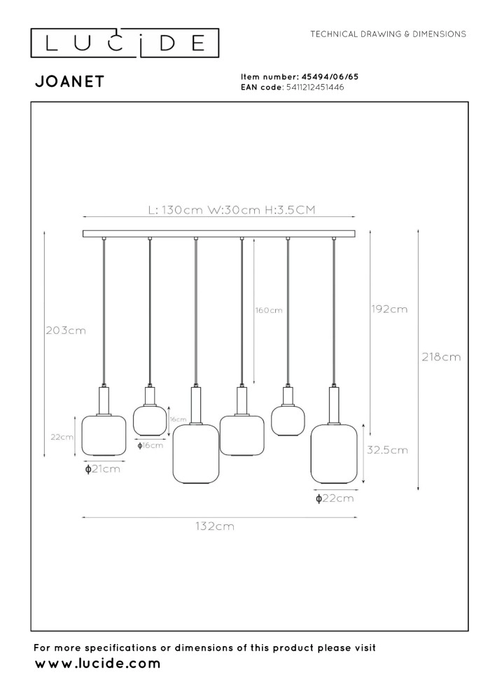 Lampe suspendue à 6 lampes Joanet Or droit avec verre fumé Lucide 5411212451446