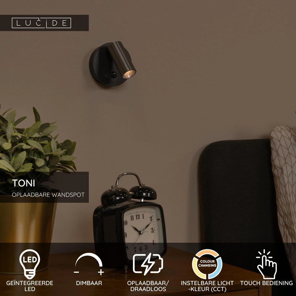 Lampe murale rechargeable avec capteur Toni Marron café magnétique Lucide 5411212290588