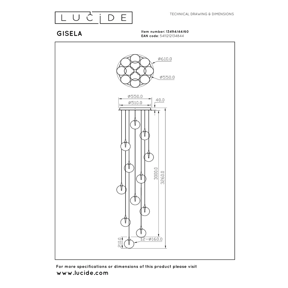 Suspension LED de conception Gisela transparent - 12x Ø 16cm Premium by Lucide 5411212134844