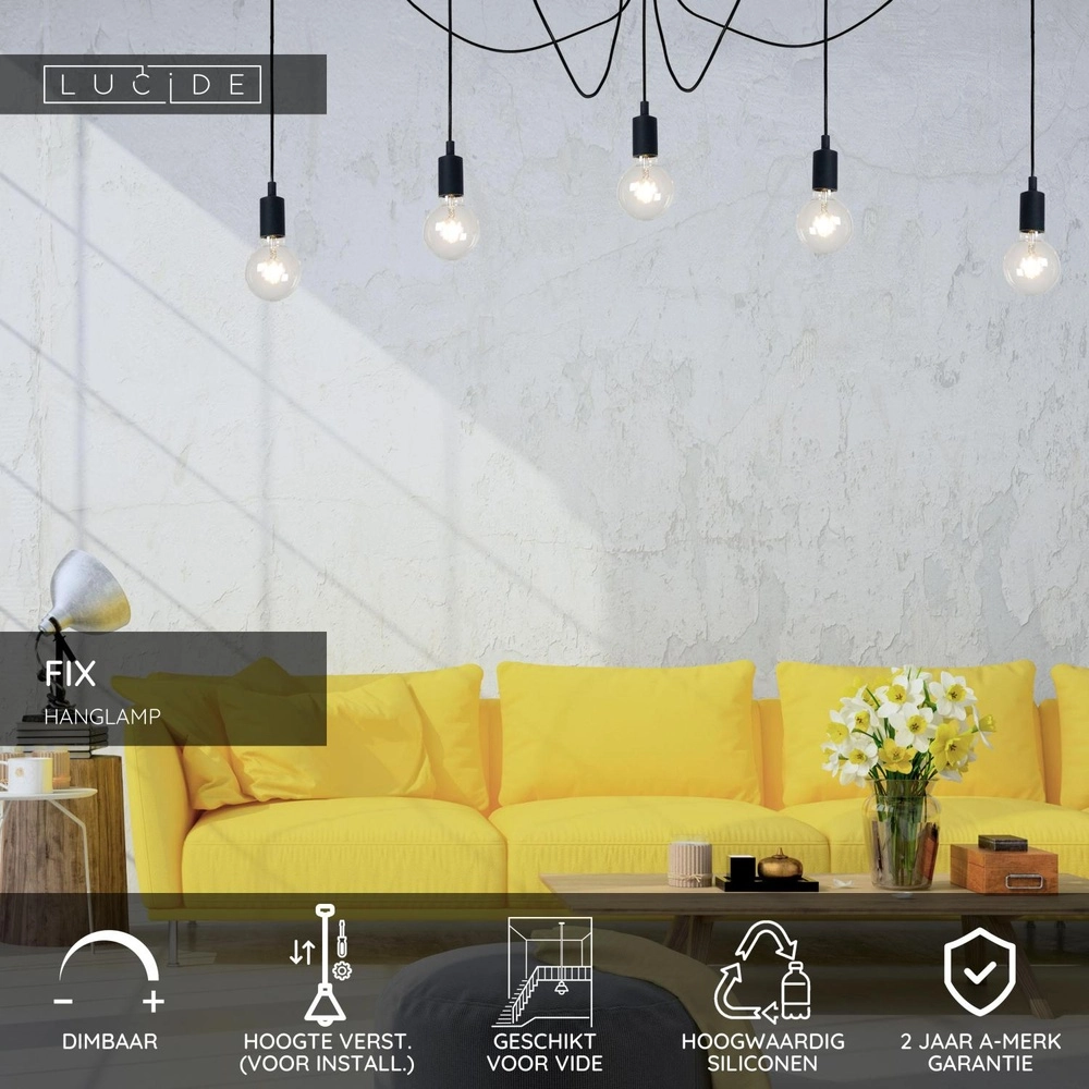 Lampe suspendue à 5 lampes noire Fix Adapté pour un loft Lucide 5411212082701