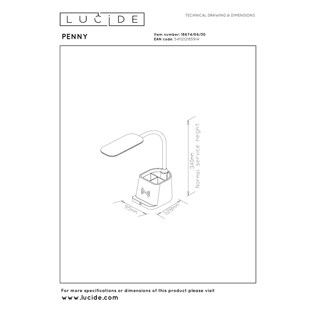 Lampe de bureau Penny avec le panneau de recharge sans fil noir Lucide 5411212185914