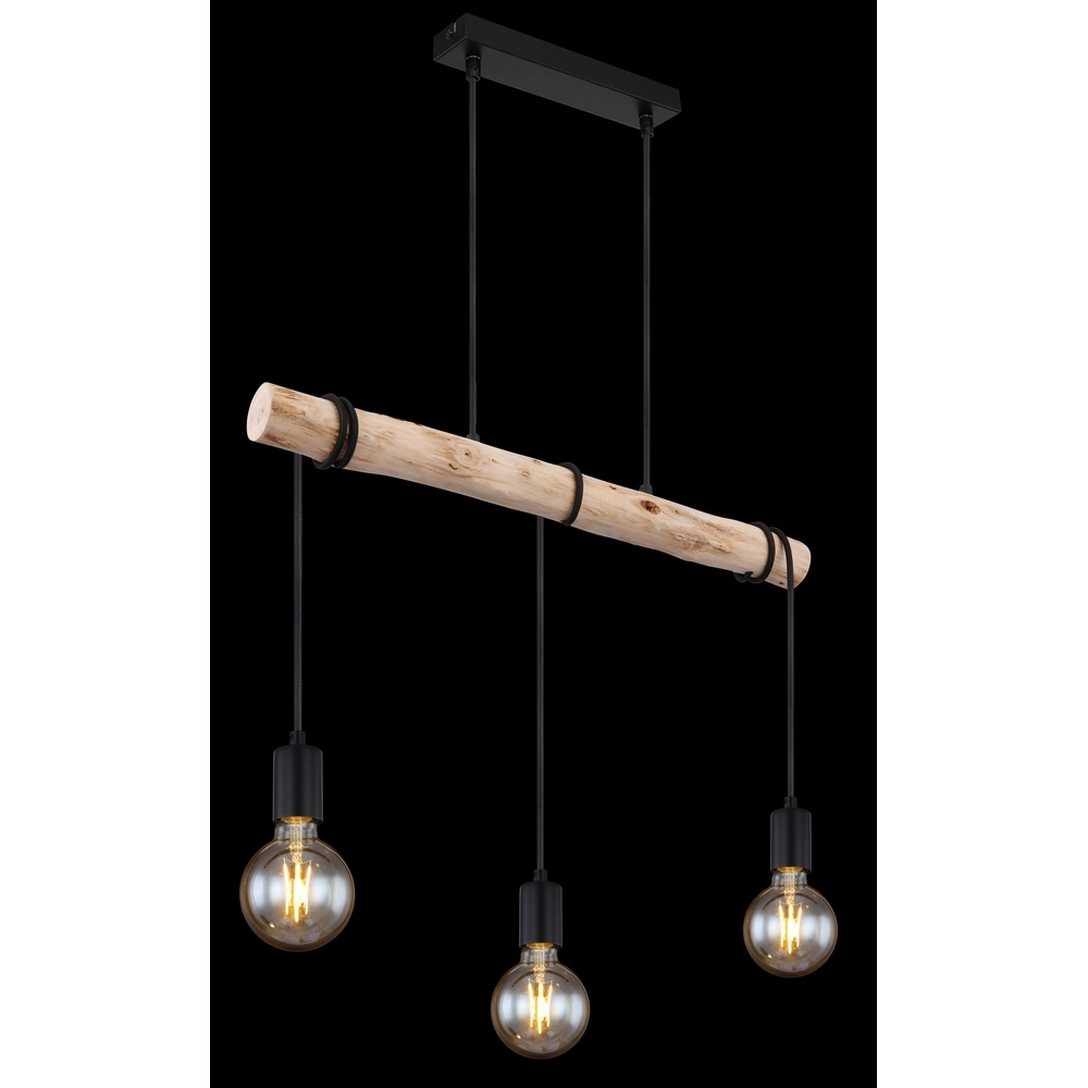Lampe suspendue de table à manger à 3 lumières Gregor noir avec bois Globo 9007371436330
