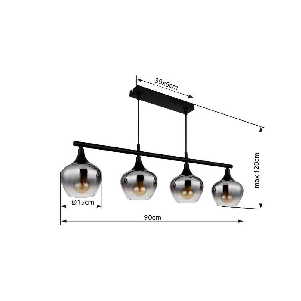 Suspension 4 lumières Maxy noir avec verre fumé Globo 9007371471188