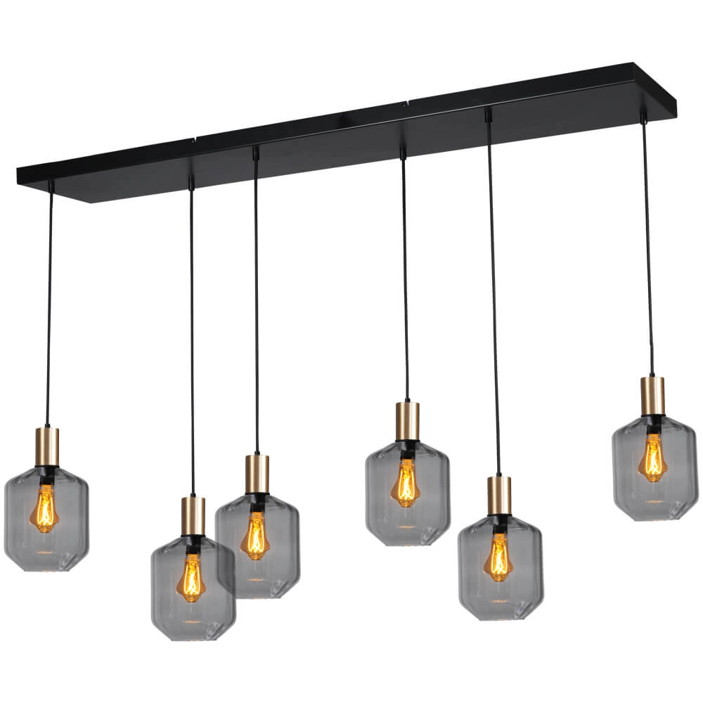Lampe suspendue 6 lumières - dorée - Porto avec des verres à fumée Jagger