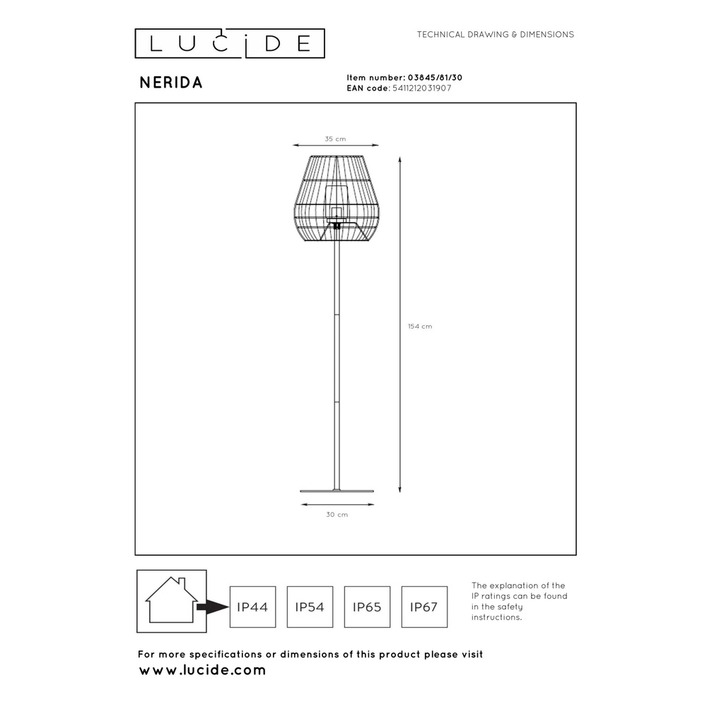 Lampe de pied Nerida IP44 noir - Ø 35cm Lucide 5411212031907