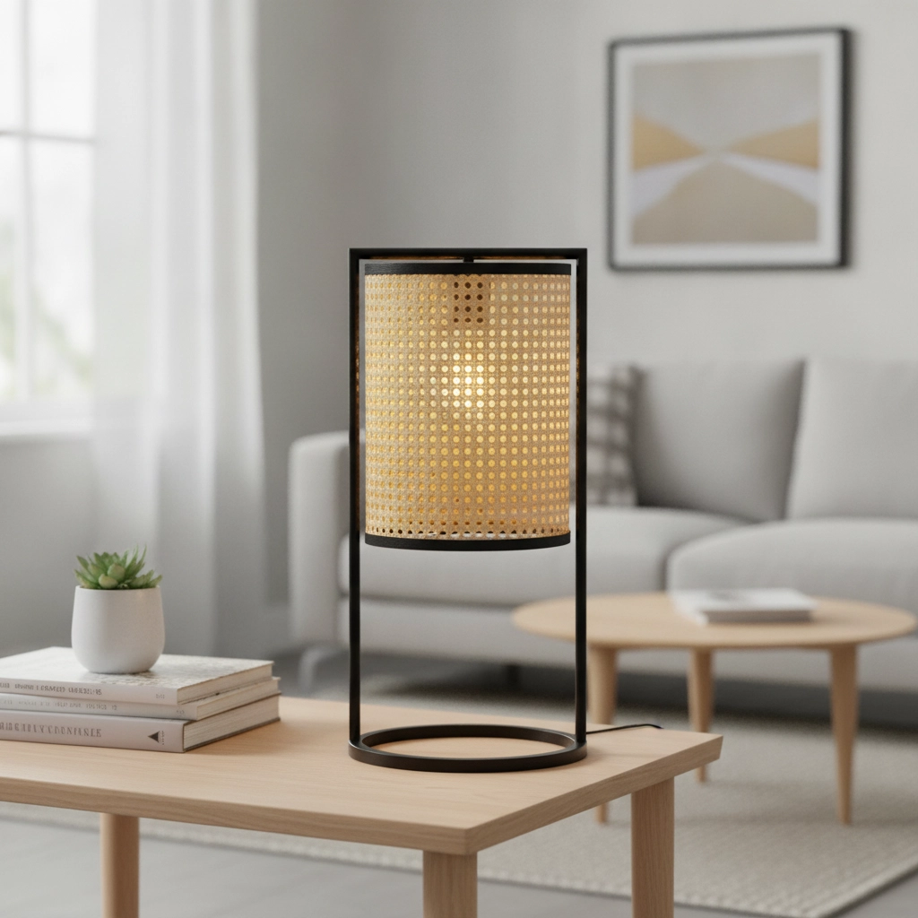 Lampe de table Erto noir et rotin