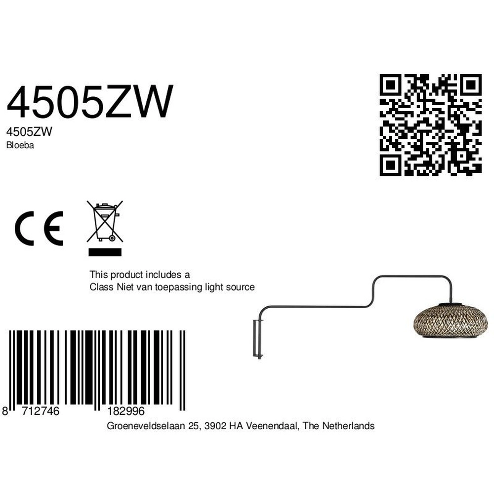 Lampadaire Bloeba noir avec capuche en rotin Steinhauer 8712746182996