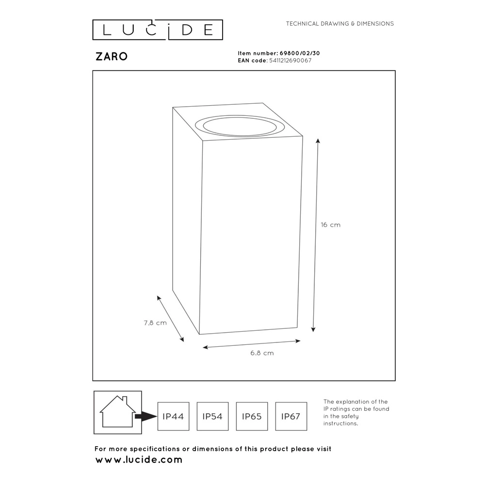 Emplacement mural de conception Zaro IP65 noir montant et bas Lucide 5411212690067