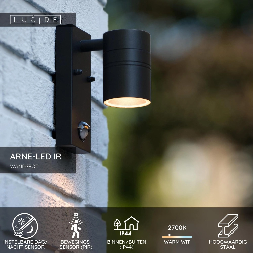 Projecteur mural Arne-Led Ir Noir bas avec capteur Lucide 5411212143853
