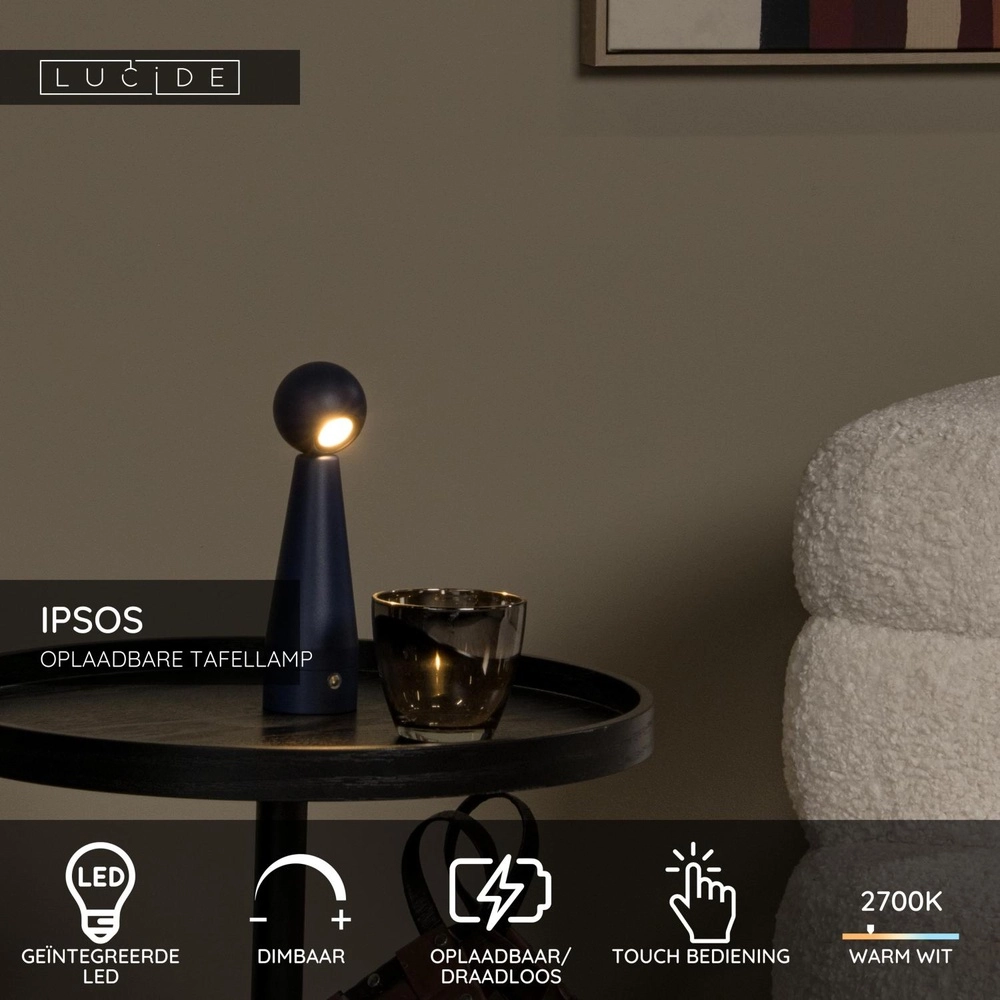 Lampe de table rechargeable Ipsos bleu Lucide 5411212333971