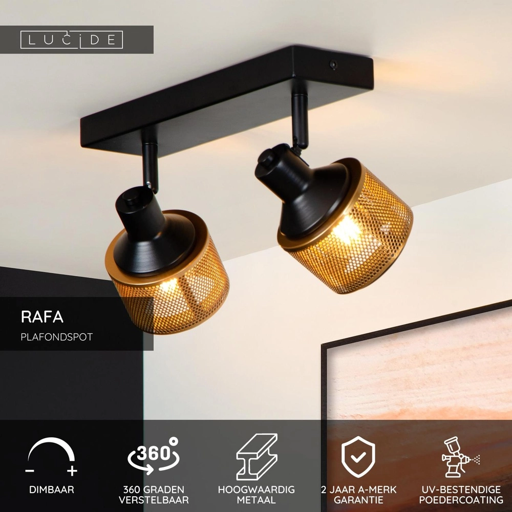 Lampe de plafond Rafa 2-noir clair avec cuivre Lucide 5411212771292