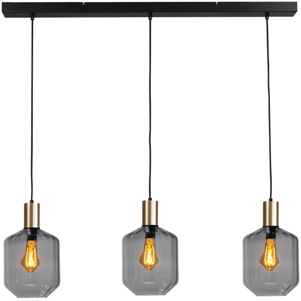 Lampe suspendue 3 lumières - dorée - Porto avec des verres à fumée Jagger Lampe suspendue 3 lumières - dorée - Porto avec des verres à fumée Jagger