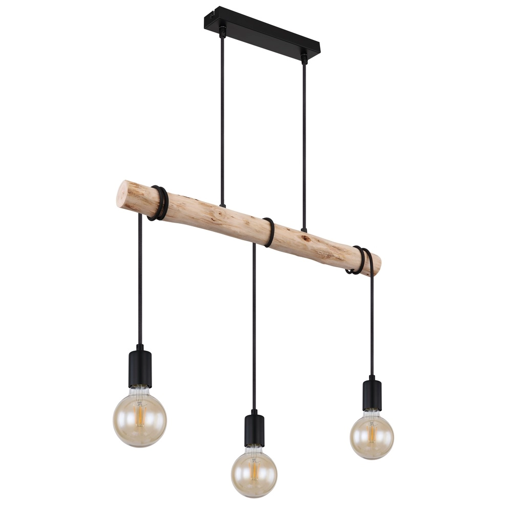 Lampe suspendue de table à manger à 3 lumières Gregor noir avec bois Globo 9007371436330