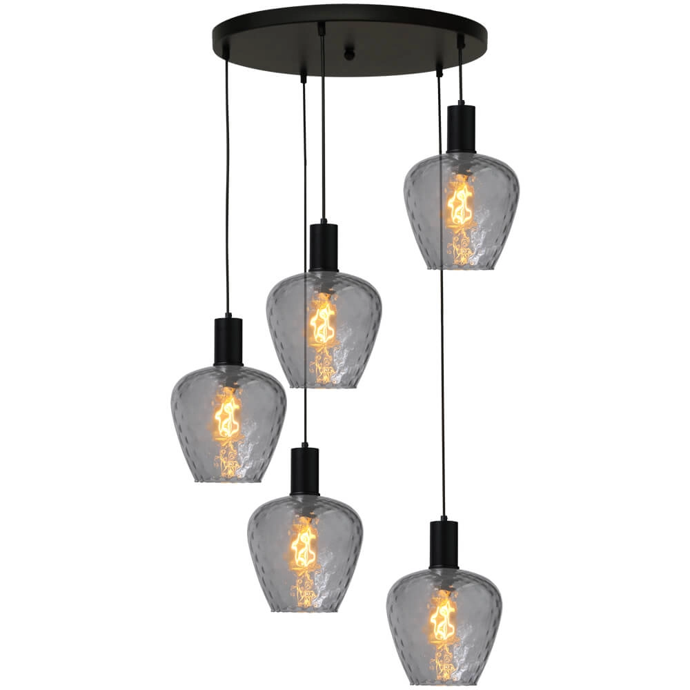 Suspension loft 5 lumières - noire - Porto avec des verres à fumée Diamond