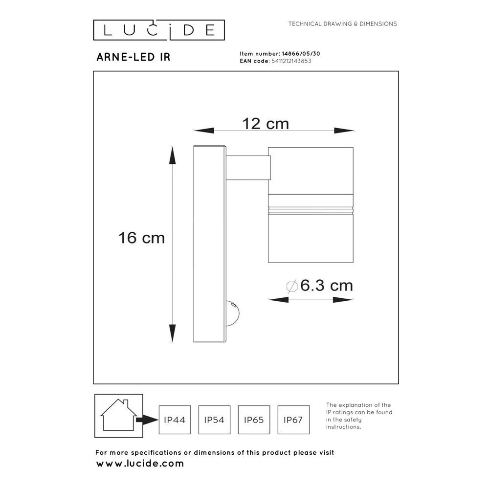 Projecteur mural Arne-Led Ir Noir bas avec capteur Lucide 5411212143853